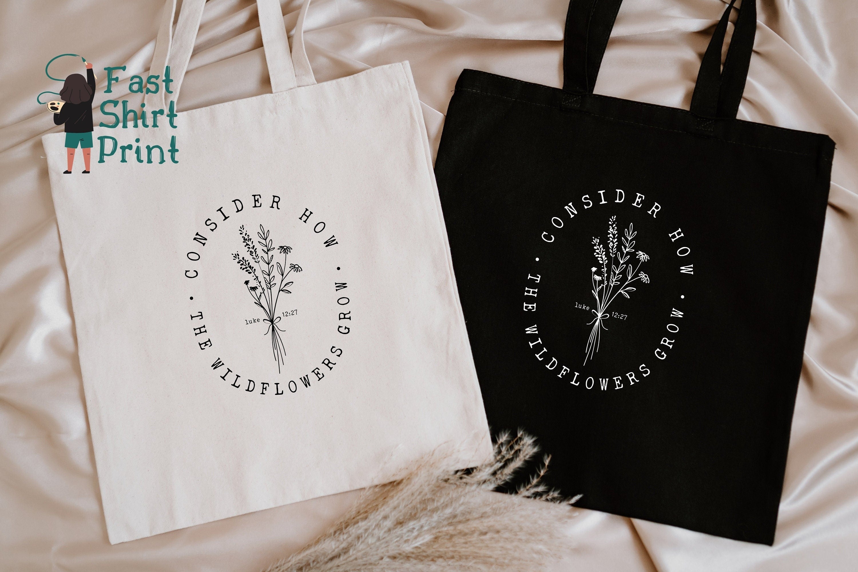 Consider How The Wildflowers Grow Tote Bag – Christian Canvas Tote – Bible Verse Bag – Religious Gift – Eco-Friendly Reusable Tote – Faith-Based Accessory